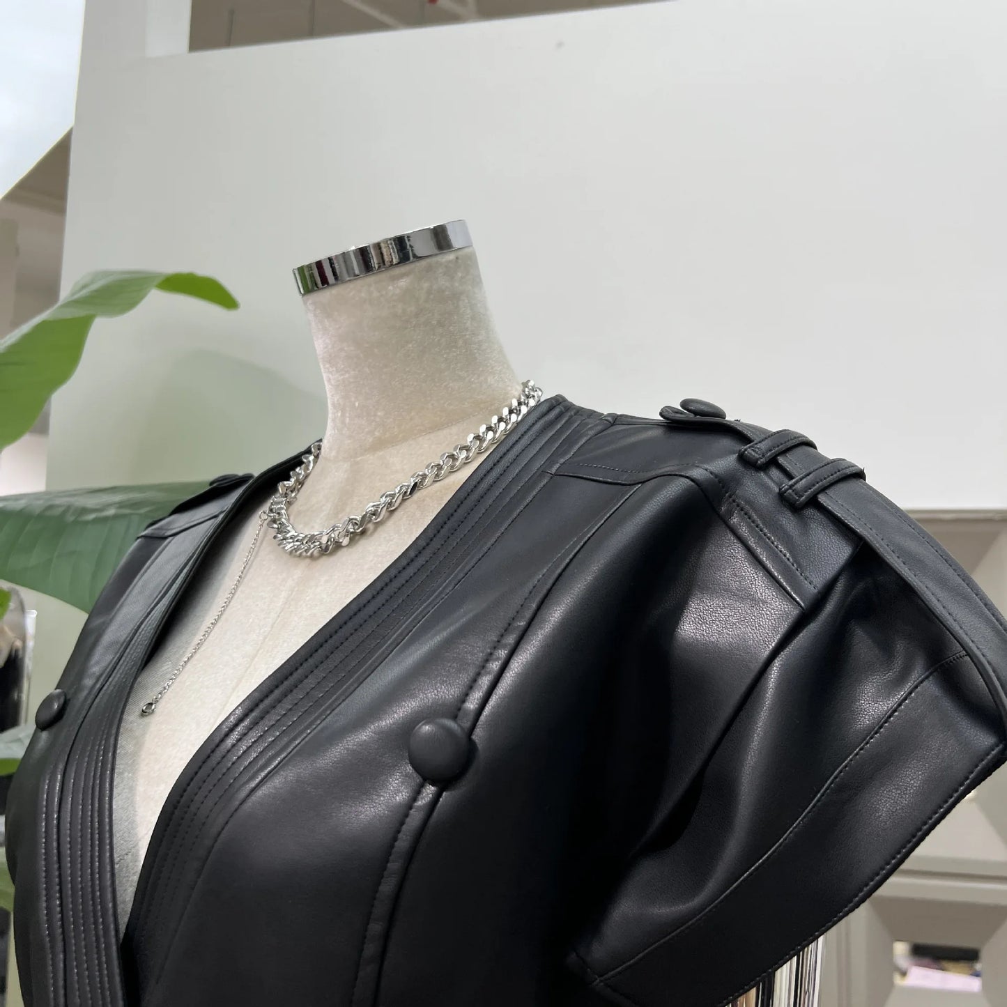 DFDG 2025 Women’s V-Neck Wide Shoulder Overlap Placket Double Breasted PU Leather Bodycon Dress Unique Design Cocktail Dress