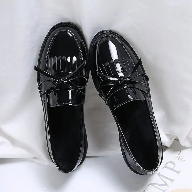 Black Patent Leather Women's Loafers Platform Slip on Shoes for Women 2025 New Spring British Tassel Casual Flats Shoes Woman