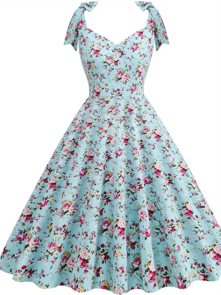 2024 New Fashion Women Summer Dress Retro 50s 60s Robe Femme Rockabilly Pinup Party Vestidos Casual Elegant Floral Office Dress