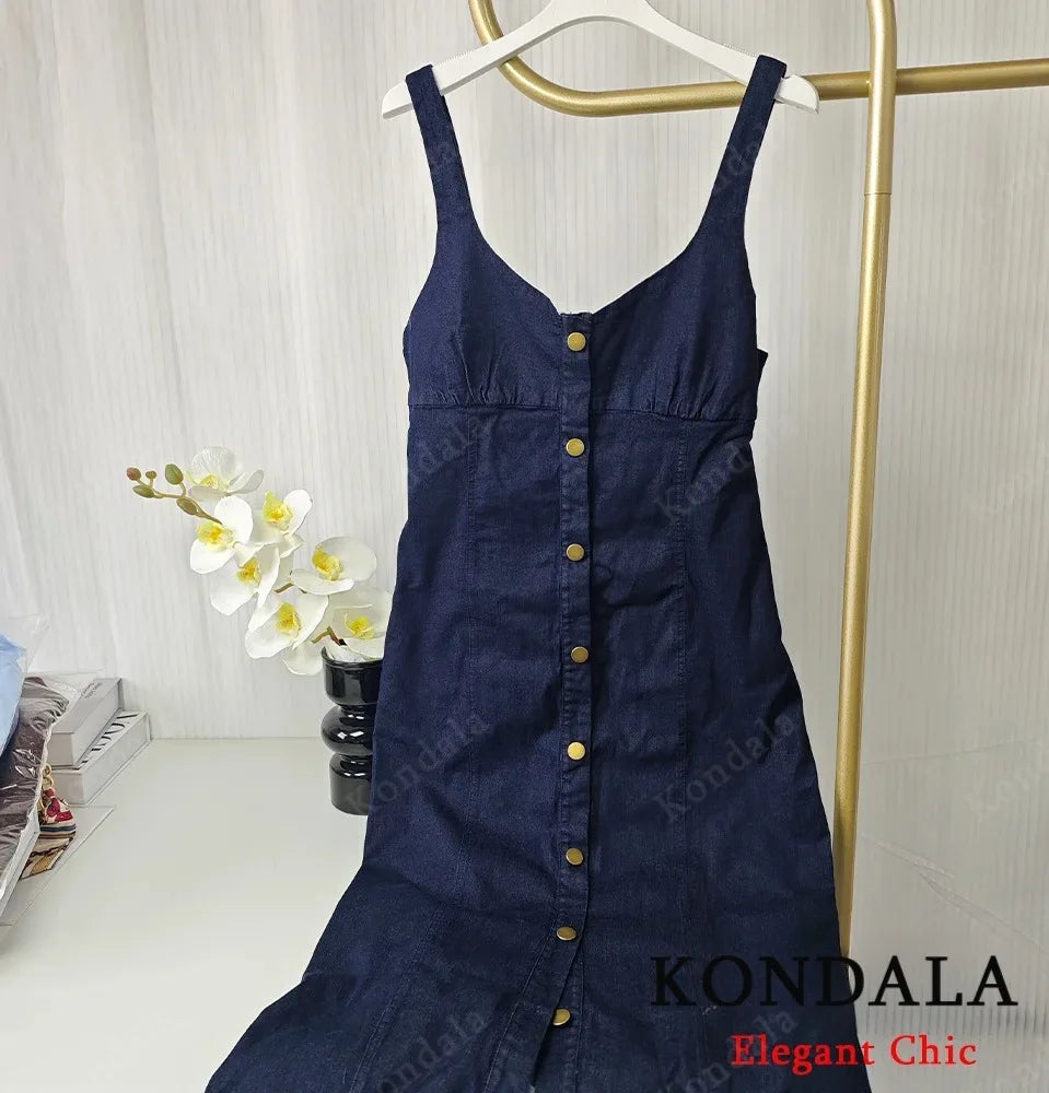 KONDALA Elegant Denim Suspender Dress Women's Single Breasted Hip Wrap Slim Dress 2025 Spring Summer Casual Versatile Lady Dress
