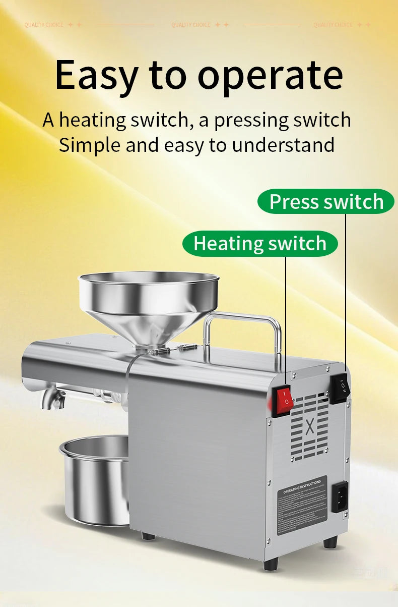 Electric Oil Press Machine, Cold/Hot for Home Use Automatic Oil Extractor for Peanut, Sesame, Sunflower Seeds, Stainless