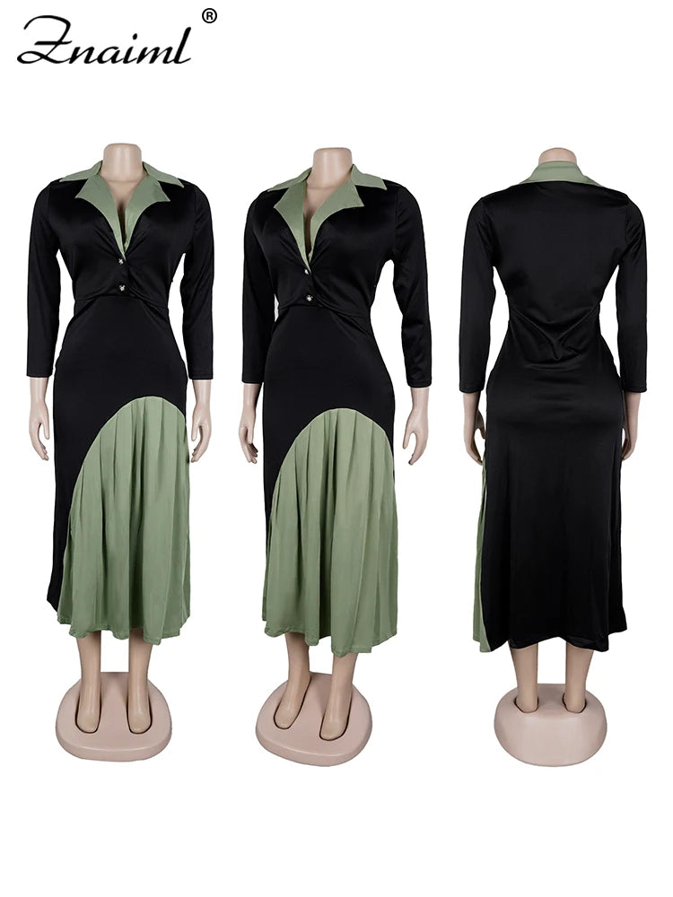 Znaiml Autumn Women's Patchwork Green Button Lapel V-neck A-line Long Sleeve Office Lady Dress Elegant Birthday Party Prom Gowns