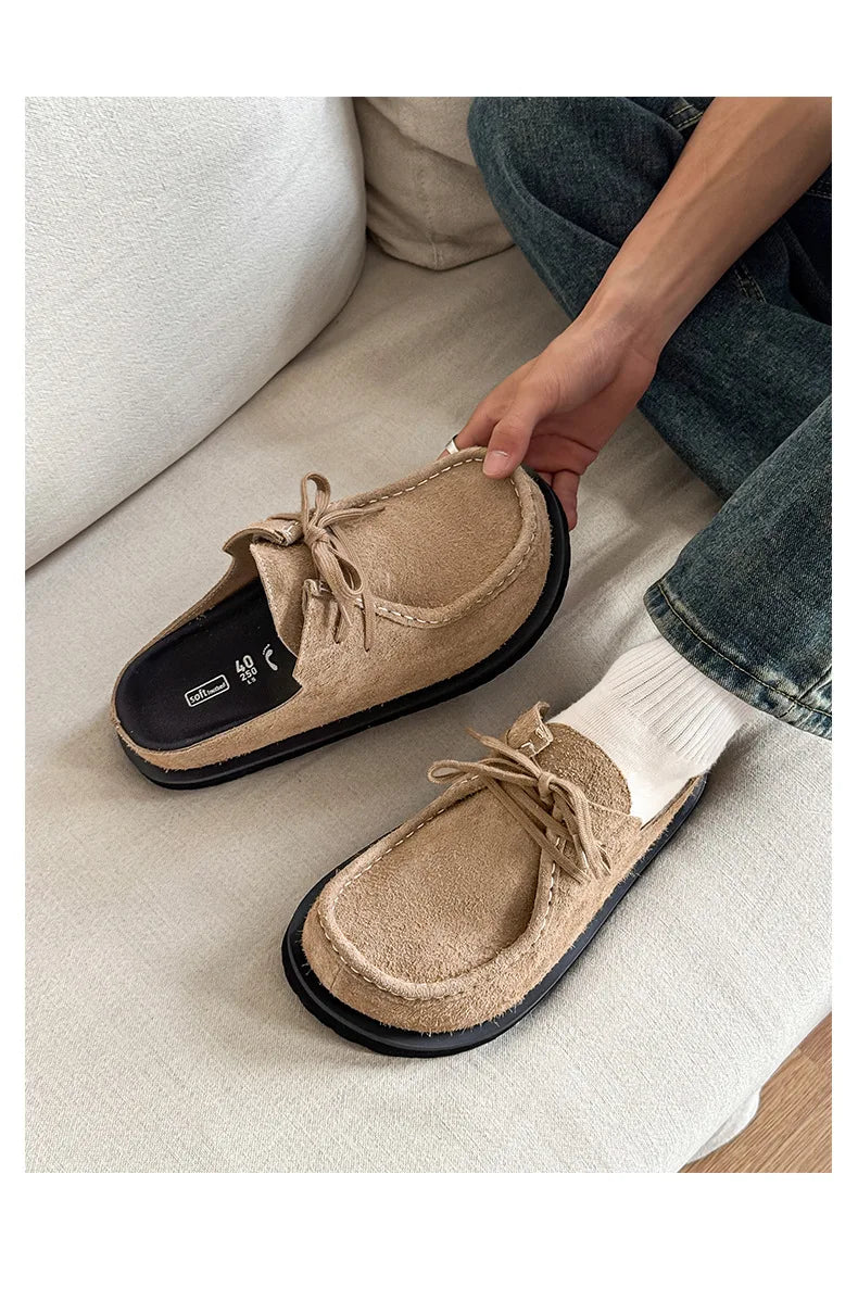 2025 Retro bag head lace-up leather one-pedal summer half slippers men and women couple cowhide shoes