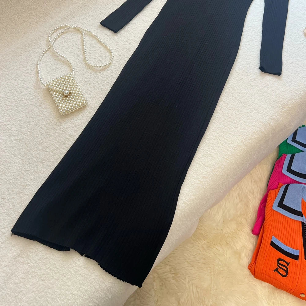 YuooMuoo Women Dress 2025 Autumn Winter Fashion Y2K Embroidery Slim Elastic Long Sweater Dress Elegant Lady Office Dress Vestido