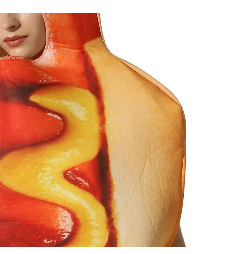 Halloween party costume, hot dog cosplay attire, stage performance outfit, one-piece dress, performance outfit
