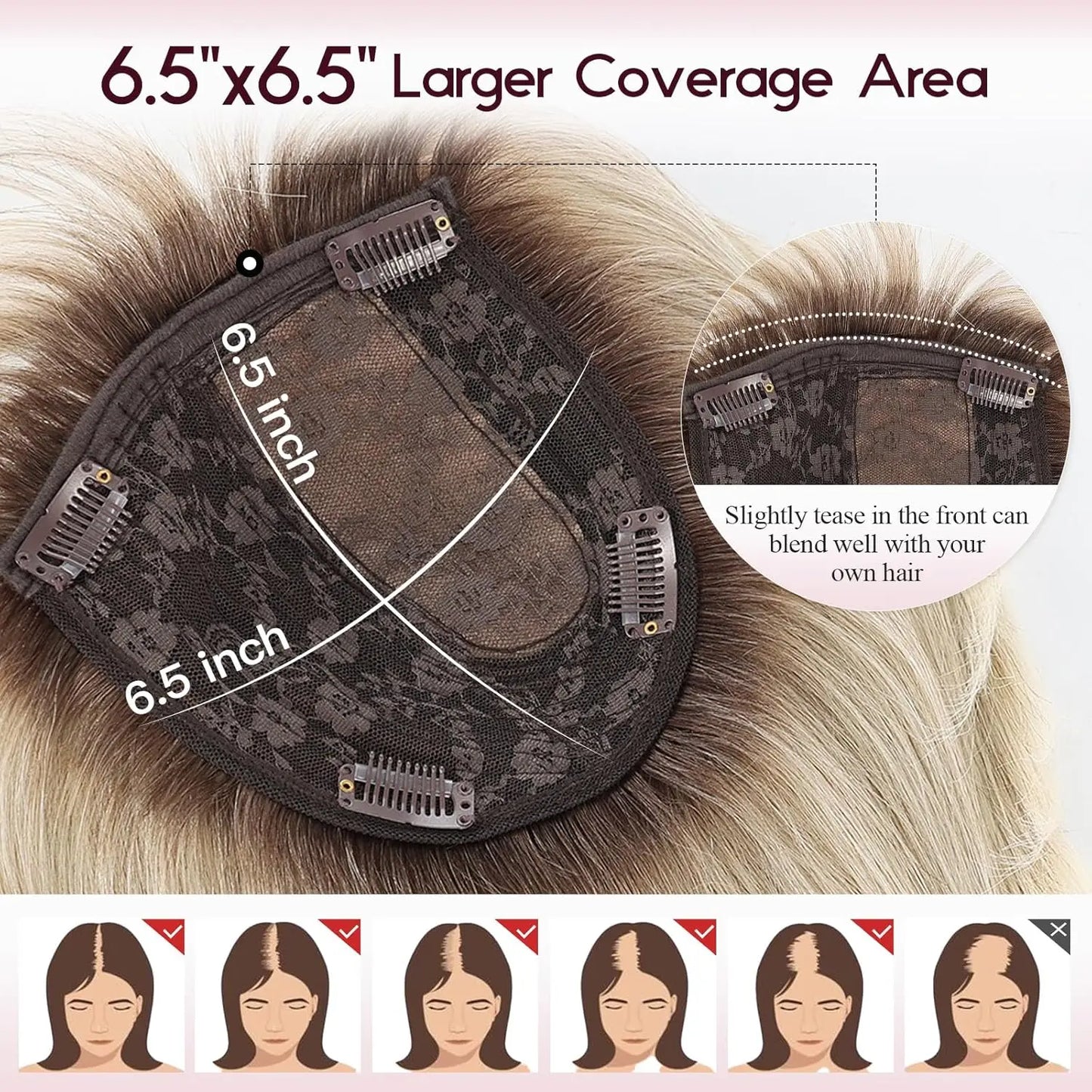 Ombre Gray Blonde Real Human Hair Toppers 6.5*6.5inch Large Base 4Clips Topper 10inch Hair Topper for Women with Bangs Side Part