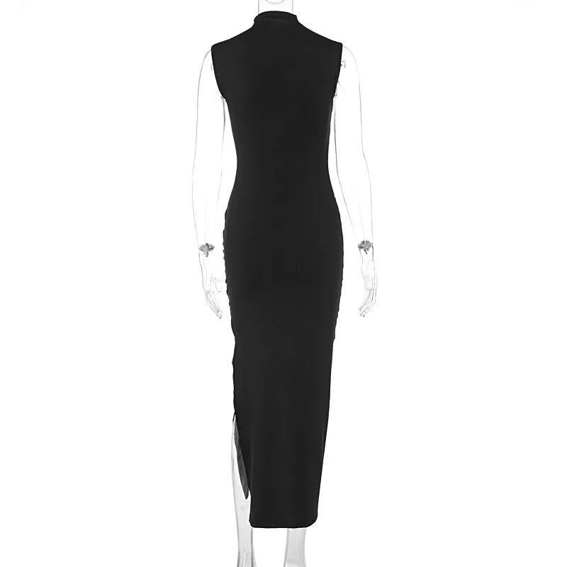YUZHEXI elegant sleeveless ruched midi dress women commuter bodycon solid color robe black red pink split clothes summer
