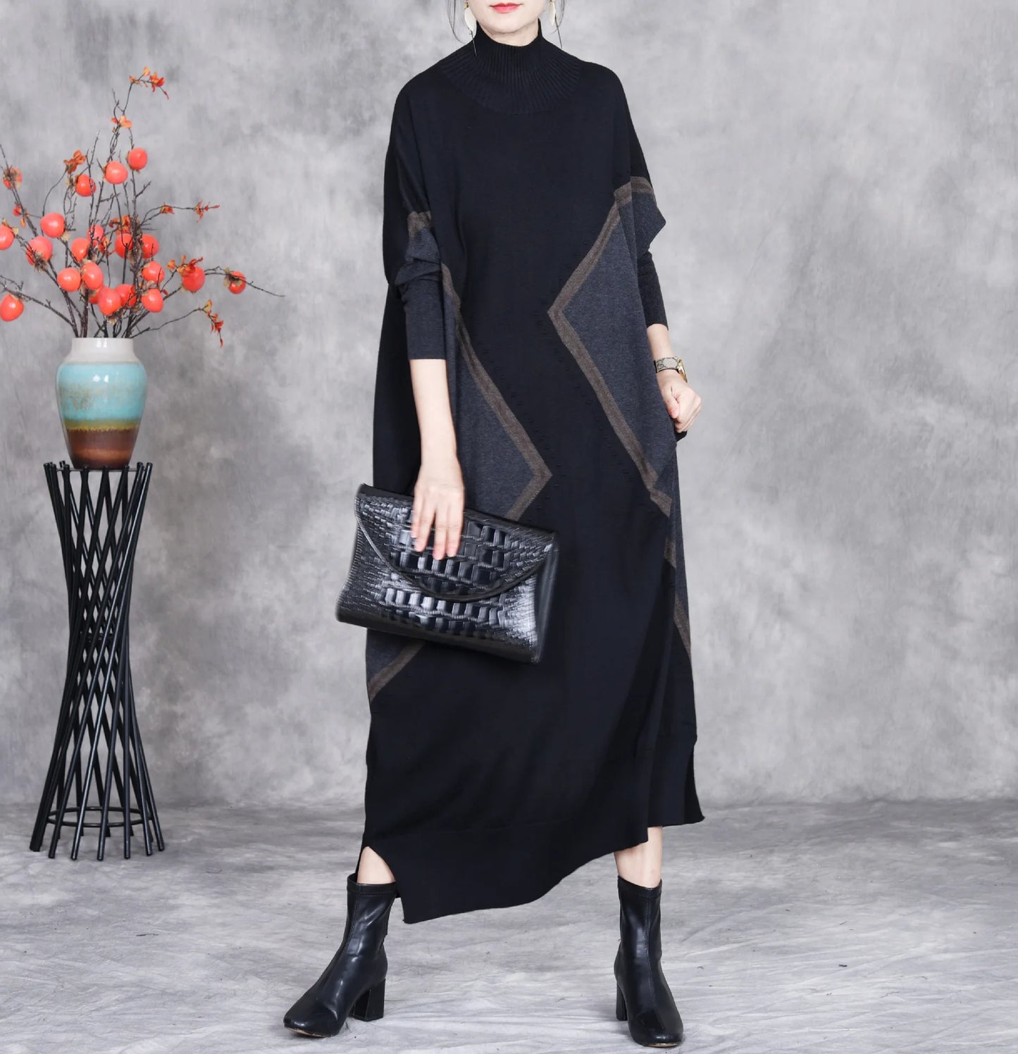 Johnature 2025 Woman Autumn New Fashion Mock Neck Loose Long Sleeves Dress Chinese Style Contrast Batwing Sleeve Casual Dress