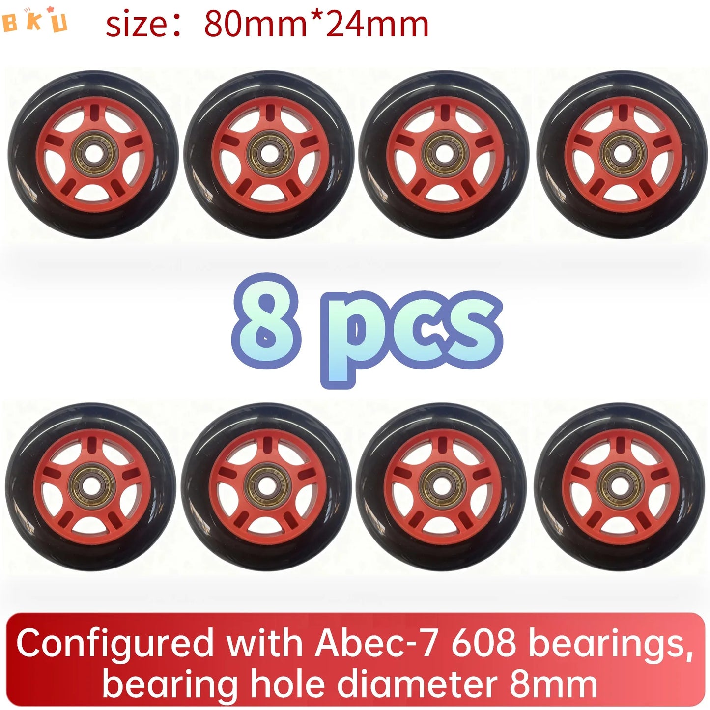 BKU 80mm PU Durable Replacement Wheels (8PCS) - Compatible with Inline Skates Scooters Strollers Suitcases