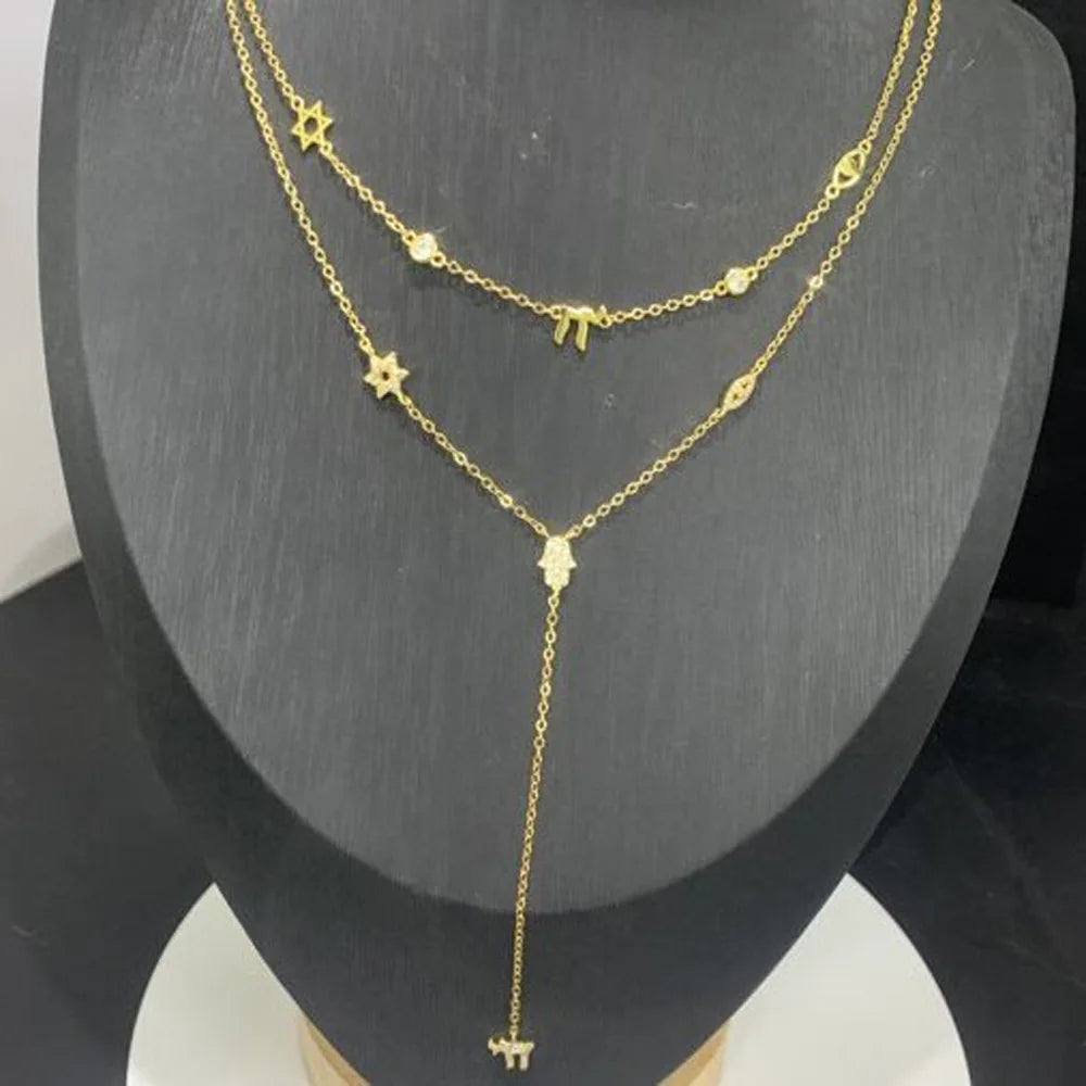 Lucky Cute CZ Star Eye Hand Chai Charm Lariat Y Necklace Amulet Judaism Sign of Life Gold Color Women Jewelry
