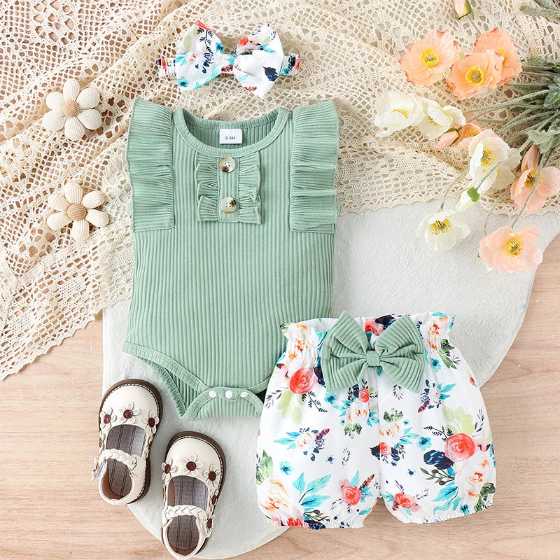 Baby Girl Summer Set Sleeveless Frill Trim Ribbed Romper Elastic Waist Shorts Bow Headband Infant Toddler 3 Piece Outfit
