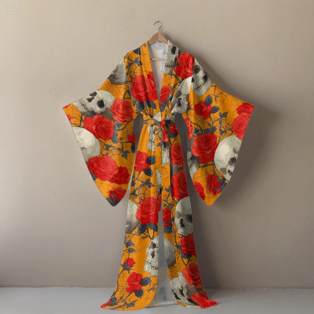 Halloween Sexy V-Neck Robe with Ghost Print High Slit & Bat Sleeves Kimono - Women's Party Costume Funny Cool Cosplay Wear