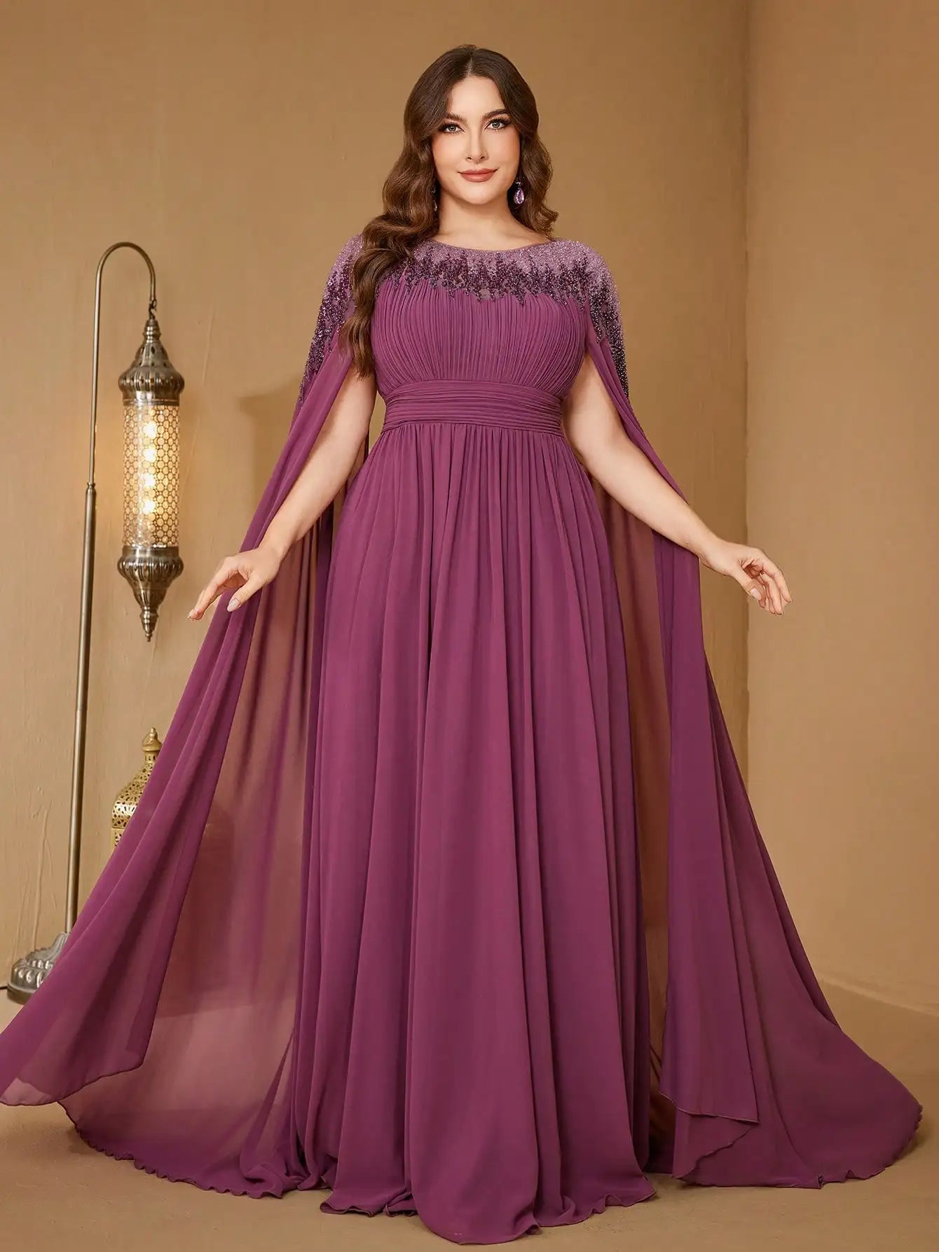 UNITHORSE Plus Women's Stand Collar Cape Sleeve Sequin Patchwork Slim-Fitting Chiffon Temperament Evening Dress