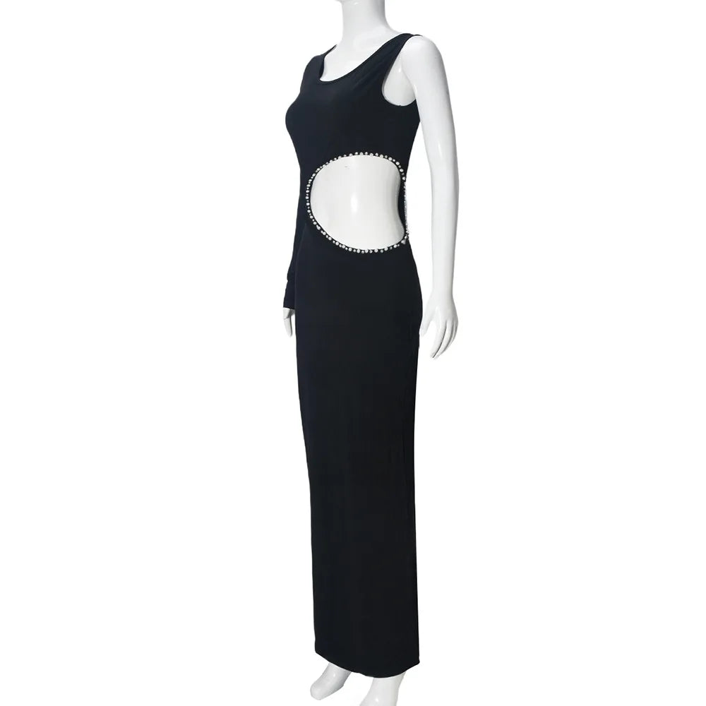 Sexy Slant Shoulder Cut Out Bodycon Maxi Dress Women Diamond Pearl Trim Luxury Party Vestido 2025 Summer Night Prom Clothes