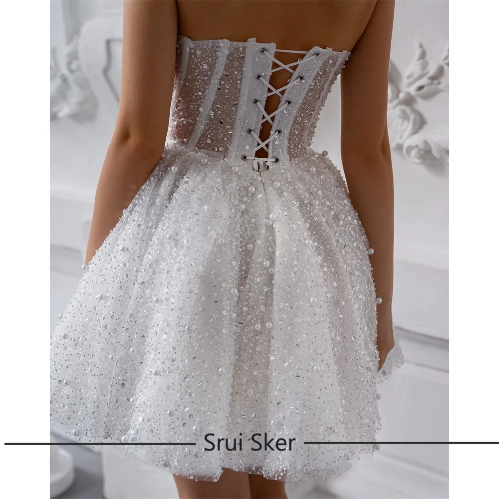 Spaghetti Straps Beading Wedding Party Dress with Sequin Pearls Sleeveless Short Wedding Gowns Lace up Mini Bridal Gown