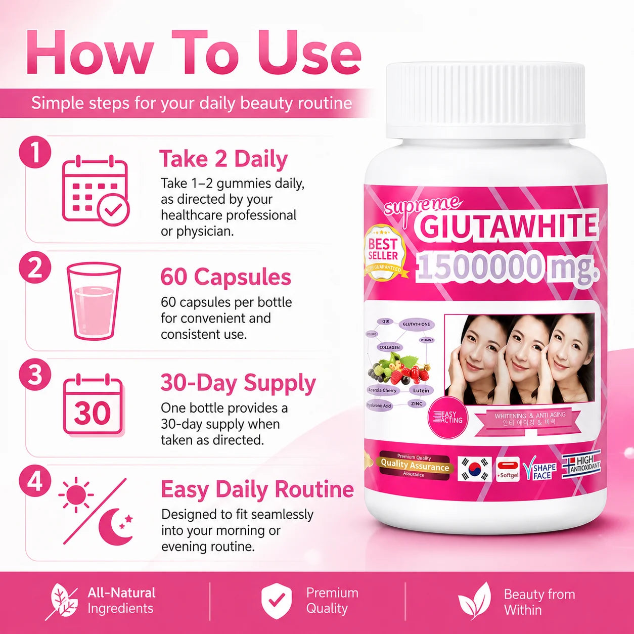 Glutathione Beauty Complex with Collagen, Vitamin C, CoQ10, Hyaluronic Acid & Biotin, Antioxidant Skin Support, 60 Capsules