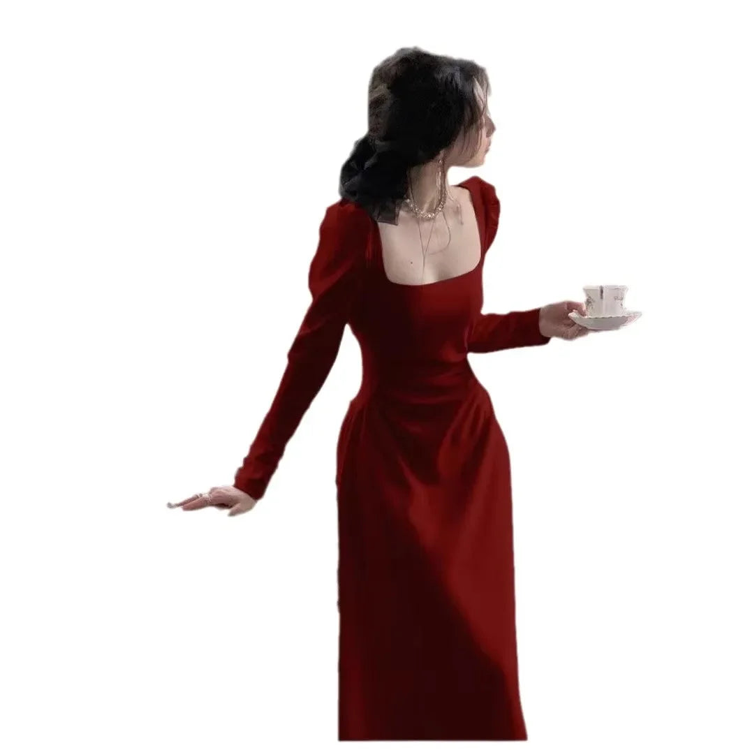 Red Long Sleeve Dress Wedding Dress Spring Autumn French Style Engagement Party Drinking Ceremony Bridal Gown Everyday Wear
