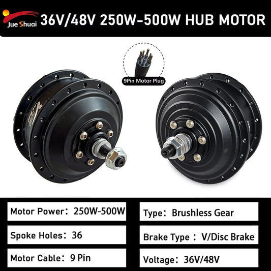 36V 48V 250W 350W 500W Front Rear Drive Brushless Gear Hub Motor Rotary Type High Speed E-Bike Motor Wheel Electric Bike Kit