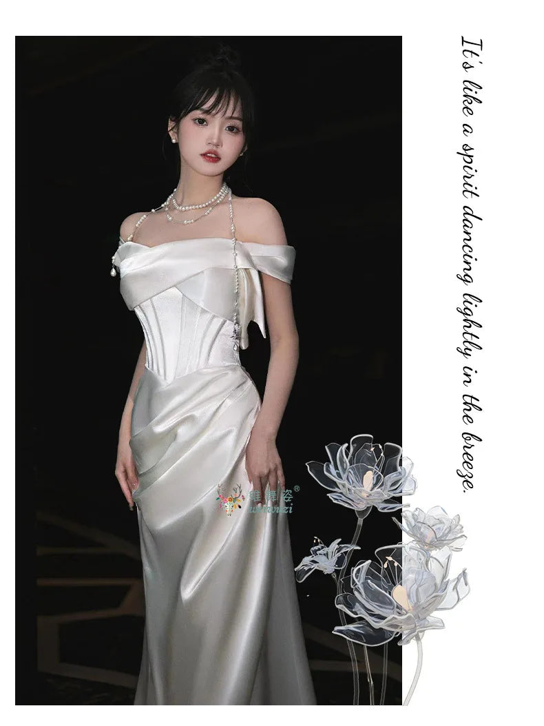 French Style Luxury Pleat Satin Strapless Light Wedding Bridal Dress Off-Shoulder Light Wedding Dress Birthday Party Prom Gowns