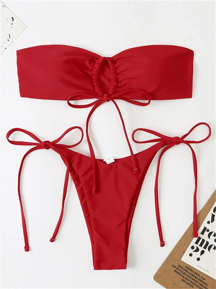Sexy Bandeau Bikini Swimwear Women Red Black Pleate Lace Up Swimsuit 2026 Cut Out Beach Bathing Suit Tie Side Thong Bikinis Sets
