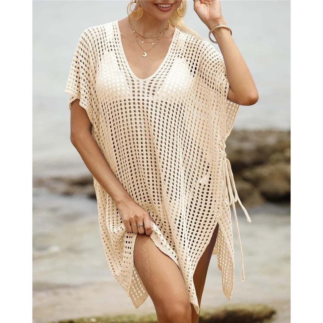 Short Sleeve V Neck Hollow Out Crochet Knitted Tunic Beach Dress Beach Wear Beachwear Beach Cover Up Cover-upsFemale Women V8061