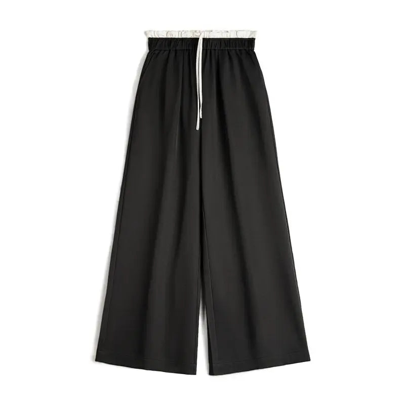 Maden Women's Wide Leg Patchwork Pants Black Elastic Waist with Drawstring Trousers Breathable Office Dress Pants for Summer