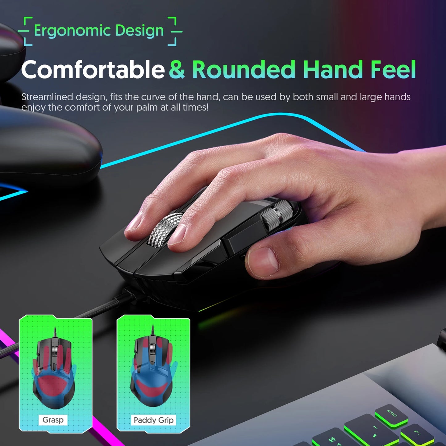 RGB Wired Gaming Mouse 7 Lighting Modes Dual Scroll Wheels Macro Programmable 1200-12400 DPI Ergonomic Design for PC Gamer