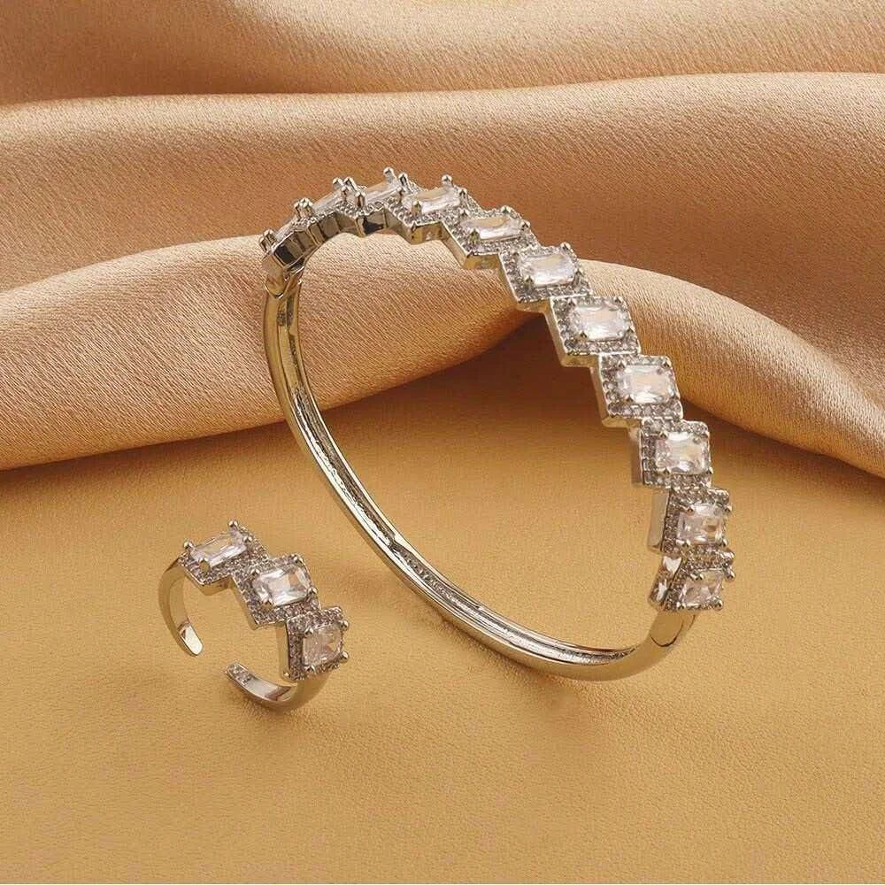 2 pieces/set of bracelets+ring micro inlaid with zircon light luxury multi-color zircon personalized copper gold-plated women's