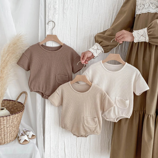 New Korean Style Baby Summer Cotton Simple Comfortable Short - Sleeve Waffle - Knit Onesie with Small Pocket Decoration Romper