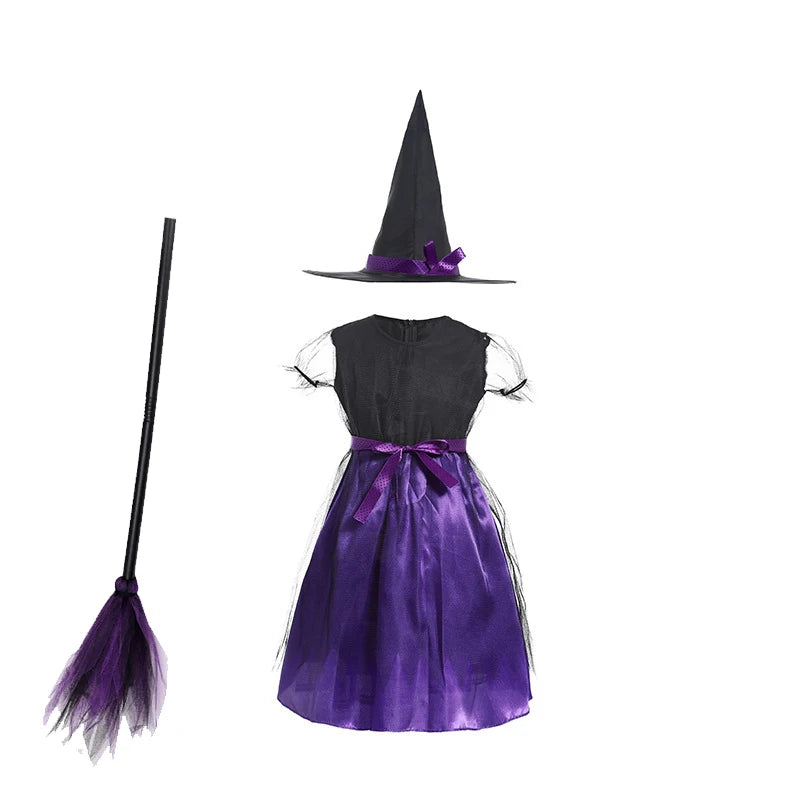 5 Styles Halloween Costume for Kids Girls Purple Bat Dress Halloween Fantasy Vampire Costume with Hat Broom Pumpkin Belt Set