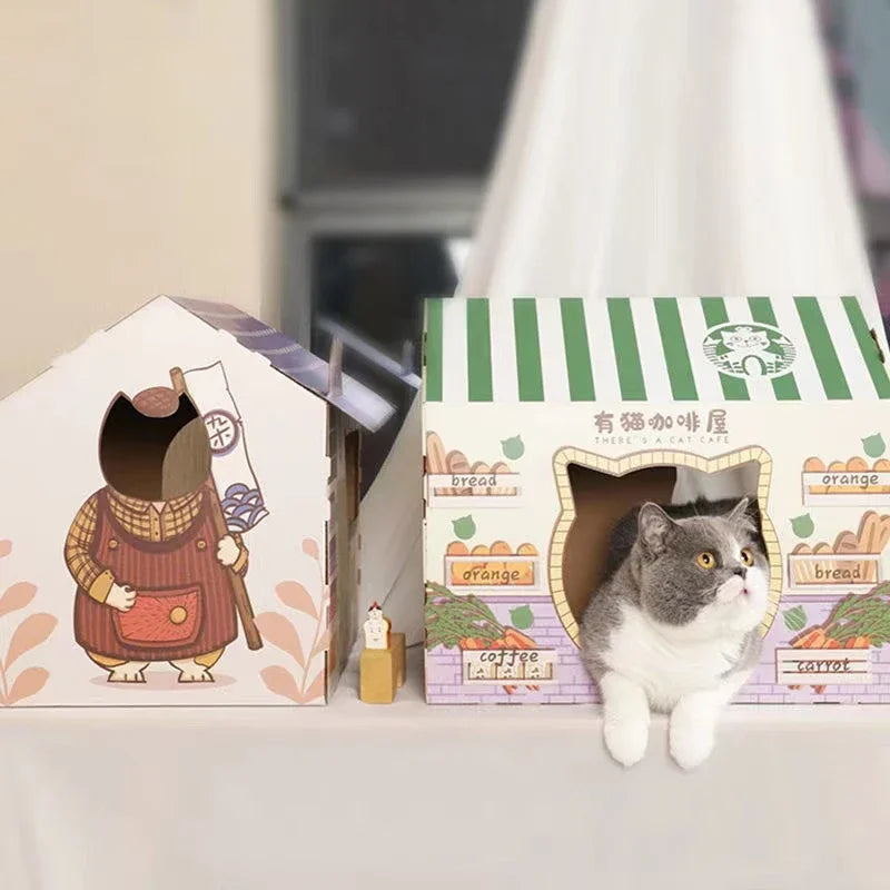 Removable Cat House Corrugated Stratching Post Toy Scratcher Cardboard Scraper for Cats Kitten Scratch Sleeping Bed
