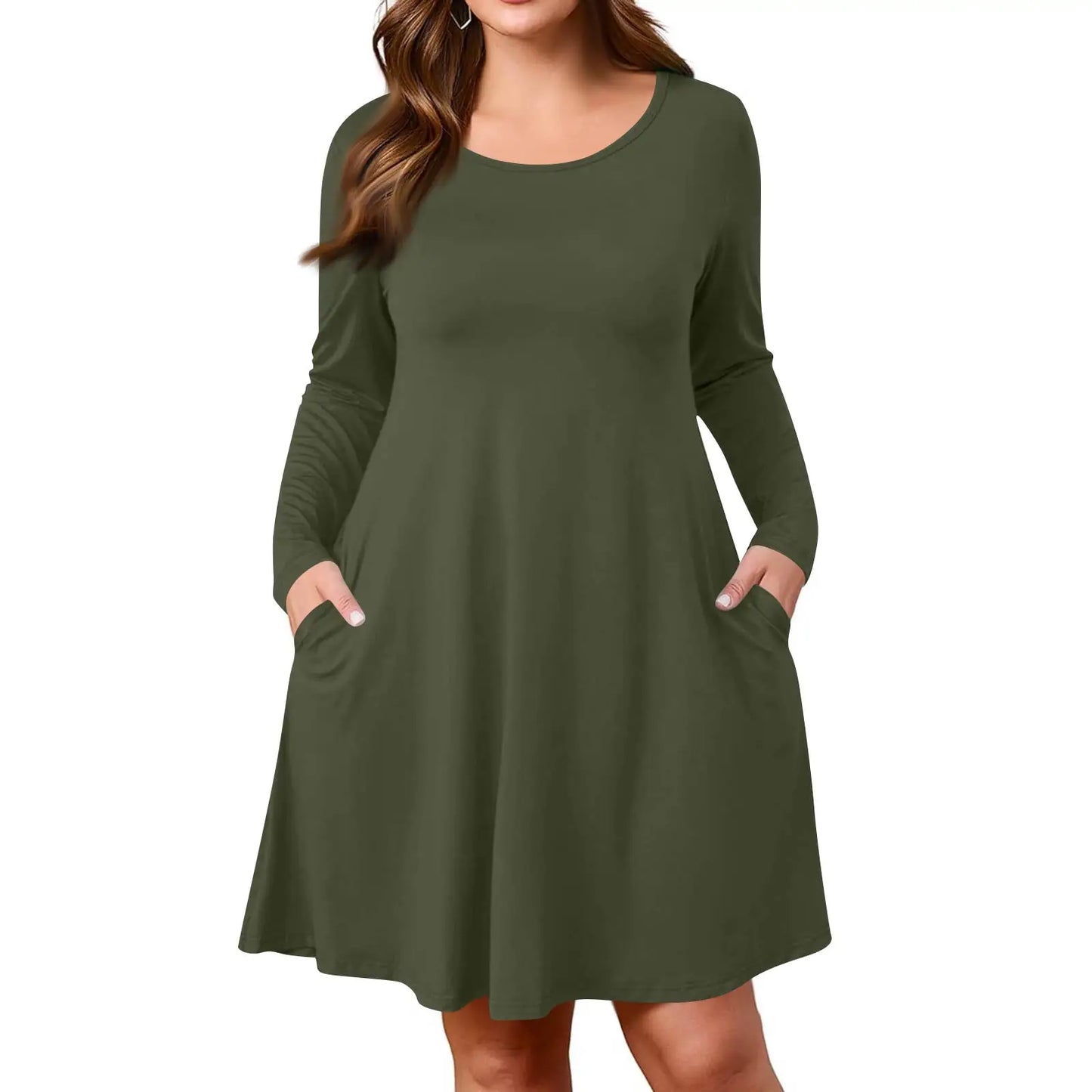 Plus Size Dress for Women Solid-Colour Casual Dress Spring/Autumn Pocket Round Neck Long-Sleeved Dresses vestidos femenino