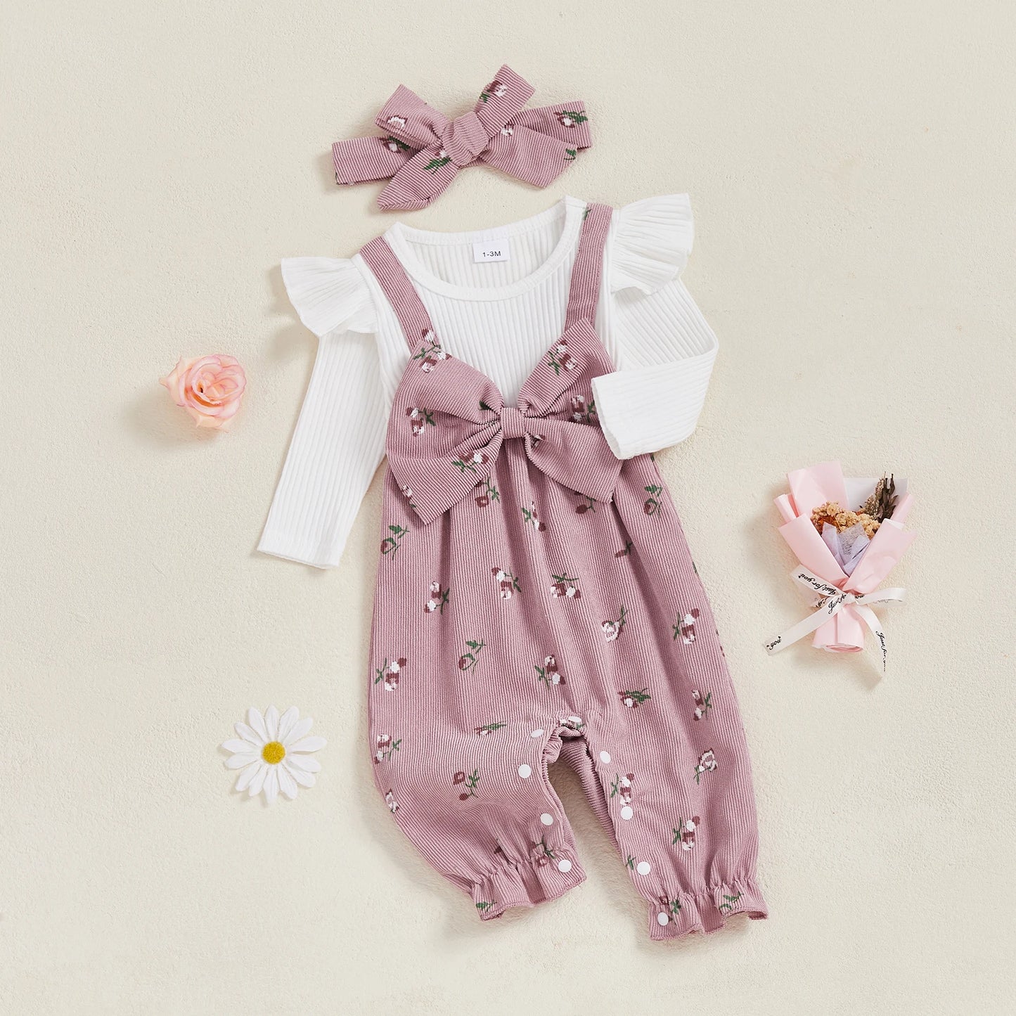 Sweety Baby Girls Long Sleeve Romper Floral Print Fake Two Pieces Patchwork Bow Jumpsuits Headband Set