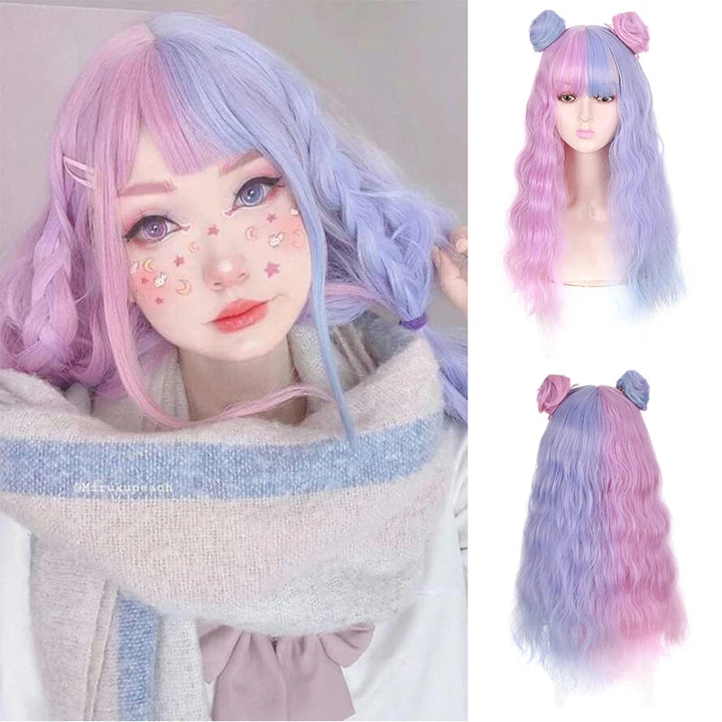 Ombre Pink Brown Wig for Women Cute Lolita Hair Wig with Bangs High Temperature Fibers Synthetic Wigs Headband Wigs for Cosplay