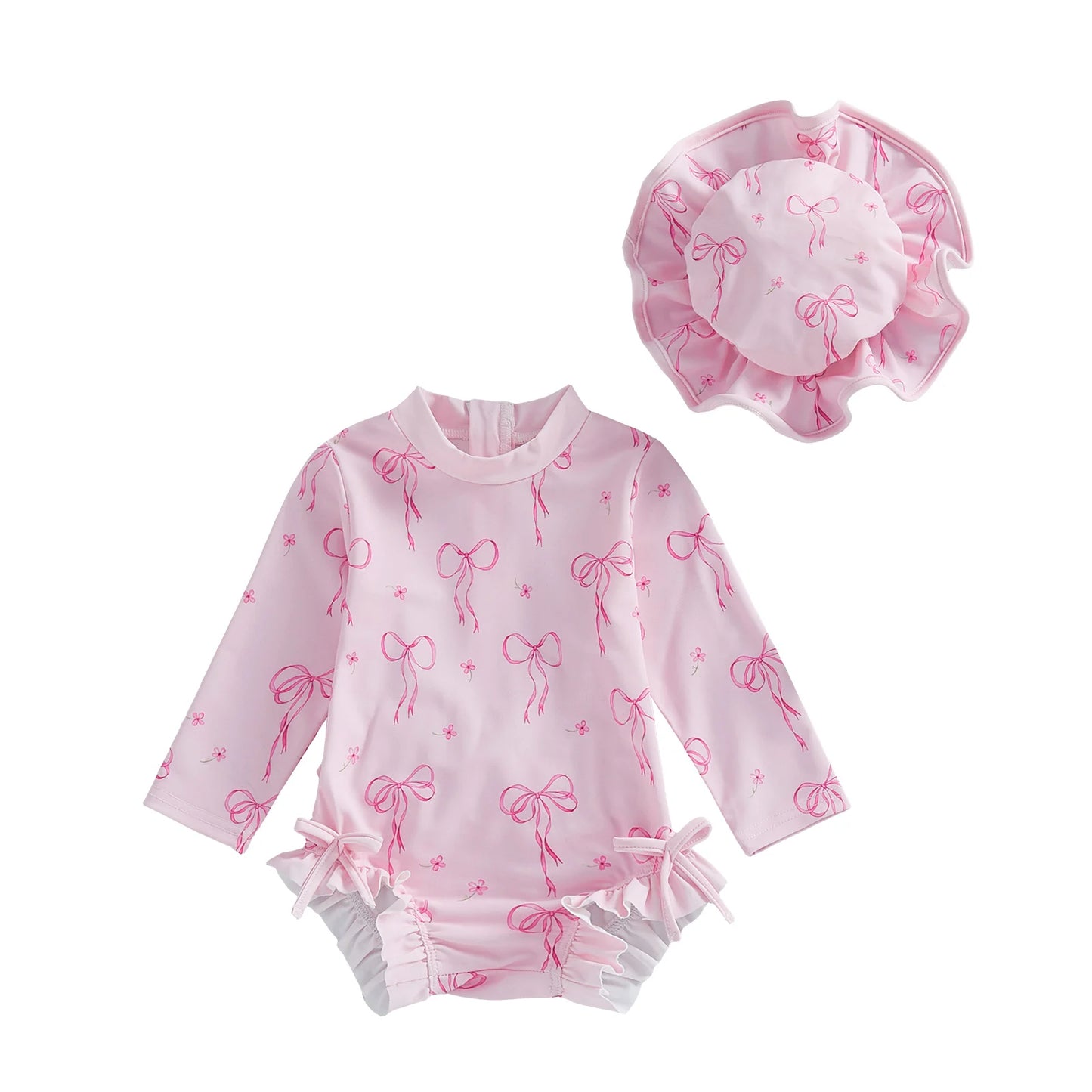 Toddler Baby Girl Rash Guard Swimsuit Bow Print Ruffled Long Sleeve Round Neck Beachwear Jumpsuit and Hat Swimwear 2Pcs Set