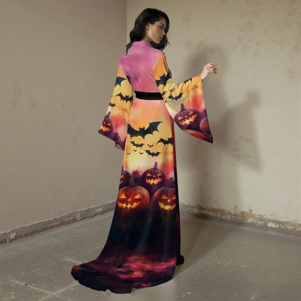 Halloween Sexy V-Neck Robe with Ghost Print High Slit & Bat Sleeves Kimono - Women's Party Costume Funny Cool Cosplay Wear