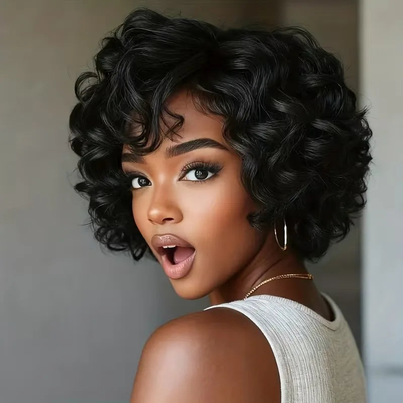 10Inch Curly Bob Pixie Wigs Human Hair 100% Natural Realistic Tangle Free Full Machine Made For Women Black Wig With Bangs