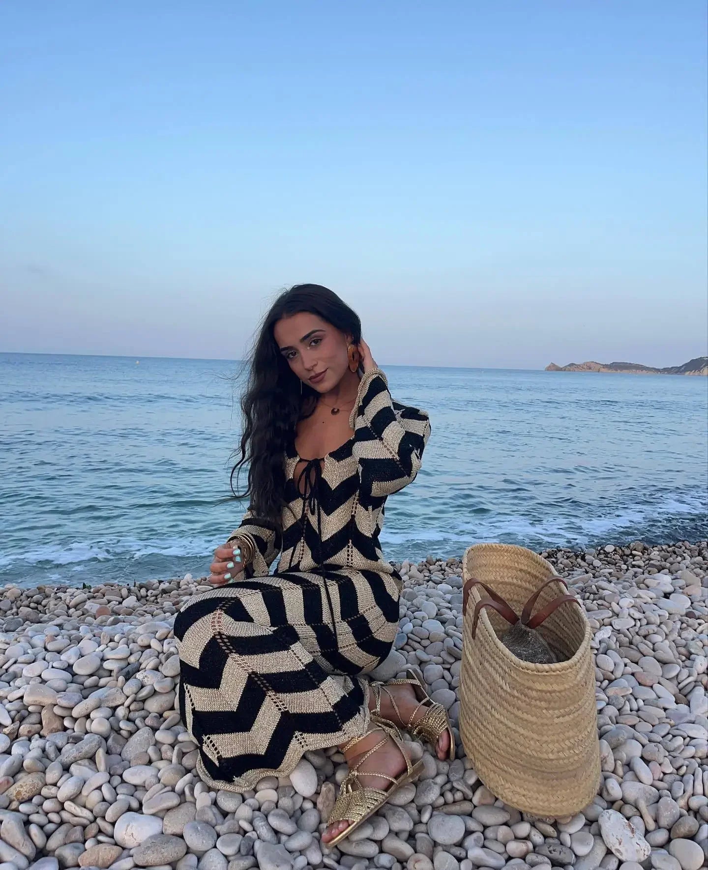2025 Women's  Stripled Long Sleeve Slim Elegant Knitted Maxi Dress V Neck Autumn New Lace Up Hollow Sexy Beach Cover Up Dress