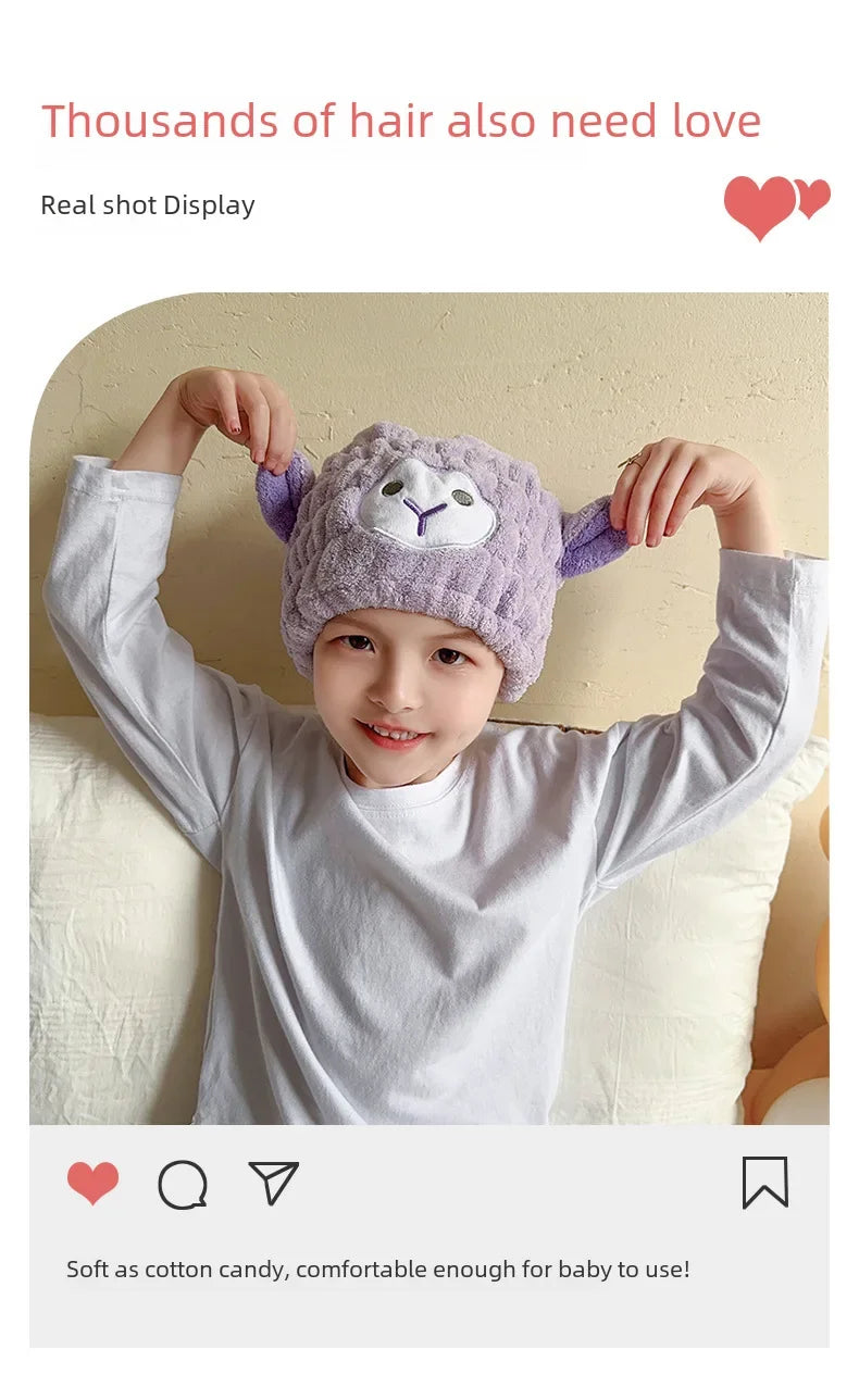 Coral Fleece Cartoon Kids Hair Drying Hat Animal Embroidered Shower Cap Absorbent Quick Dry Tape Cute Bathroom Accessory Soft