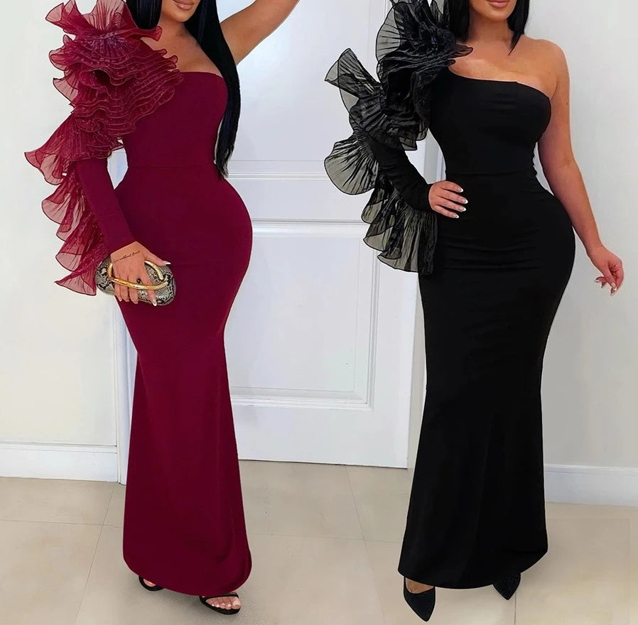 One Shoulder Long Dress Women Elegant Party Dresses Ruffles Sleeve Bodycon Evening Summer Dresses Female Birthday Dress HWY1896