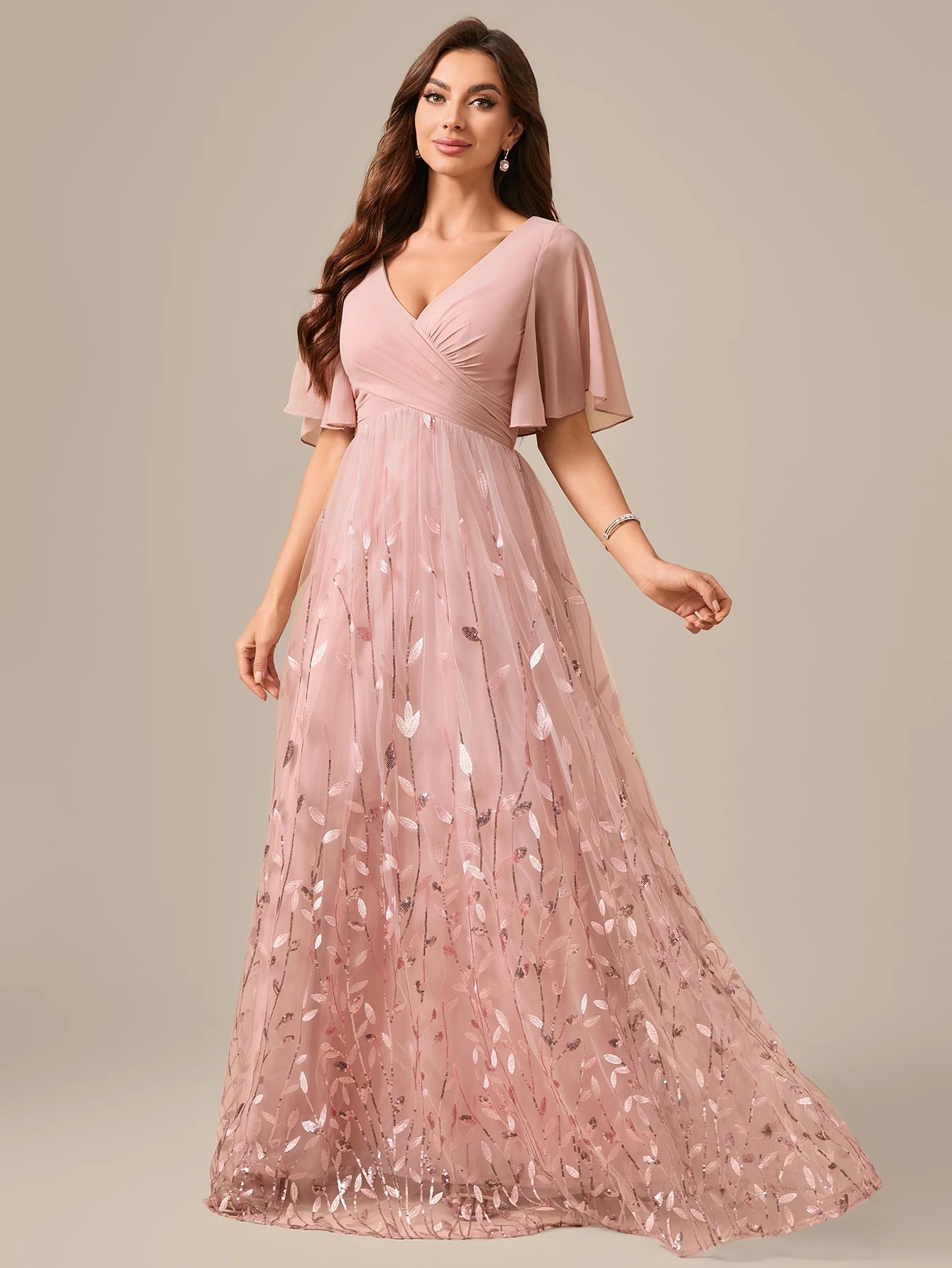 UNITHORSE Random Cutting V-neck Lace-Trimmed Sleeves Chest Pleats Leaf Pattern Tulle Patchwork Evening Dress