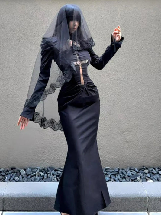 Winter Gothic Black Midi Dress Women Lace Veil Cross Decor Long Sleeve Slim-Fit Party Dress Female Halloween Cosplay Outfit 2025