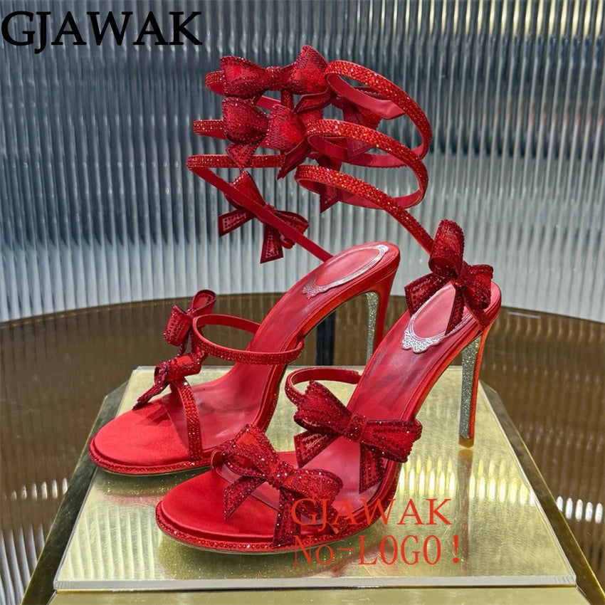 Summer Crystal Bowknot High Heels Sandals Woman Twine Around Ankle Snake Wedding Shoes For Woman Runway Gladiator Sandals Women