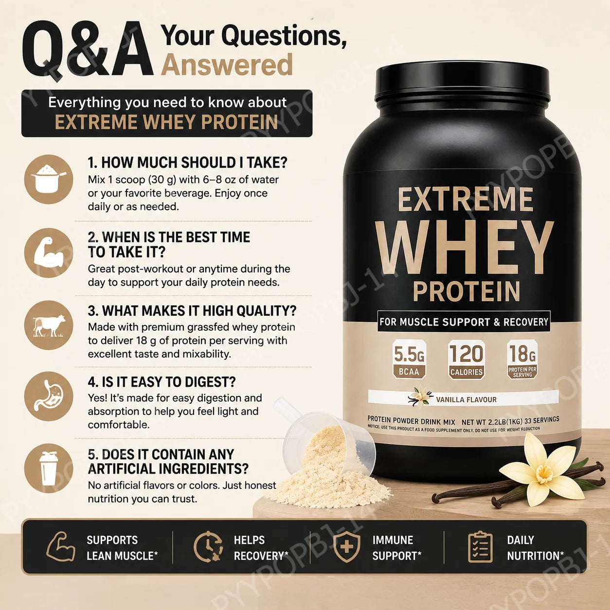 Whey Protein Powder 18g Protein 5.5g BCAA, Vanilla Flavor for Muscle Support Recovery and Daily Sports Nutrition 33 Servings 1kg