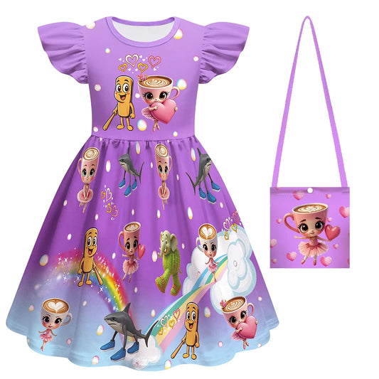 New Ballerina Cappuccina Cosplay Girls Dress+Bag Halloween Party Italian Brainrot Animals  Tung Tung Tung Sahur Costume Kids