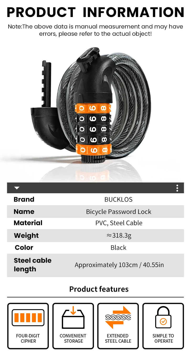 BUCKLOS 5 Digit Anti-theft Bike Password Lock Bicycle Cable Lock Steel Cable Motorcycles Locks 1.2M Zinc Alloy E-Bike Locks