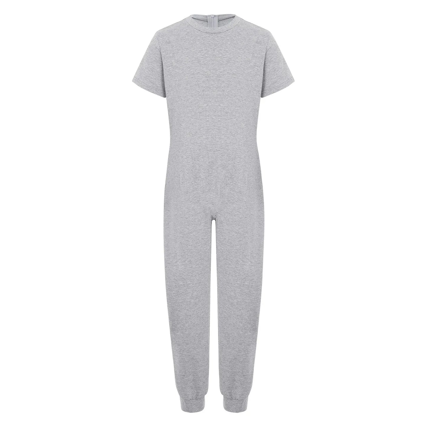 Kids Boys Girls Special Needs Adaptive Clothing Cotton Round Neck Short Sleeve Back Zipper Solid Color Full Body Jumpsuit Romper