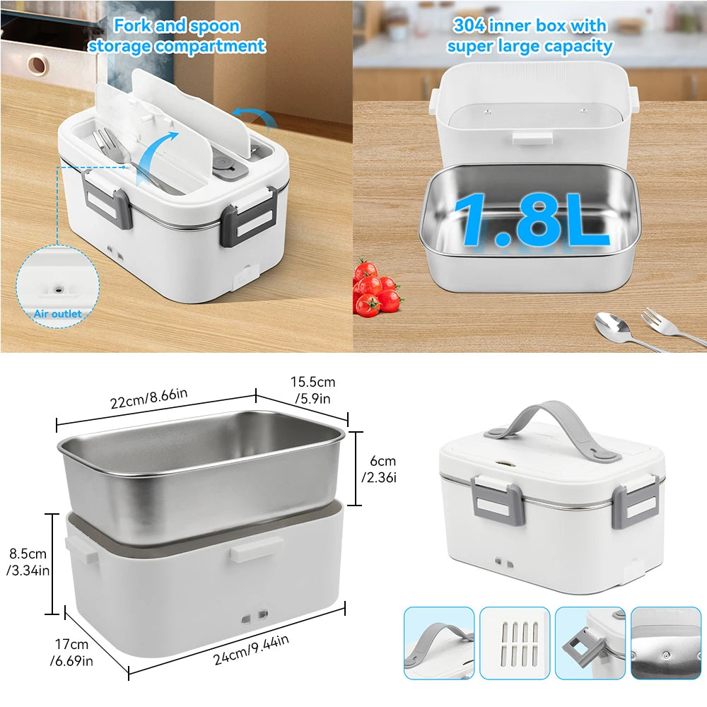 Electric Lunch Box 80W 1.8L Portable Food Warmer Stainless Steel Detachable Heating Bowl Large Capacity For Car Or Home
