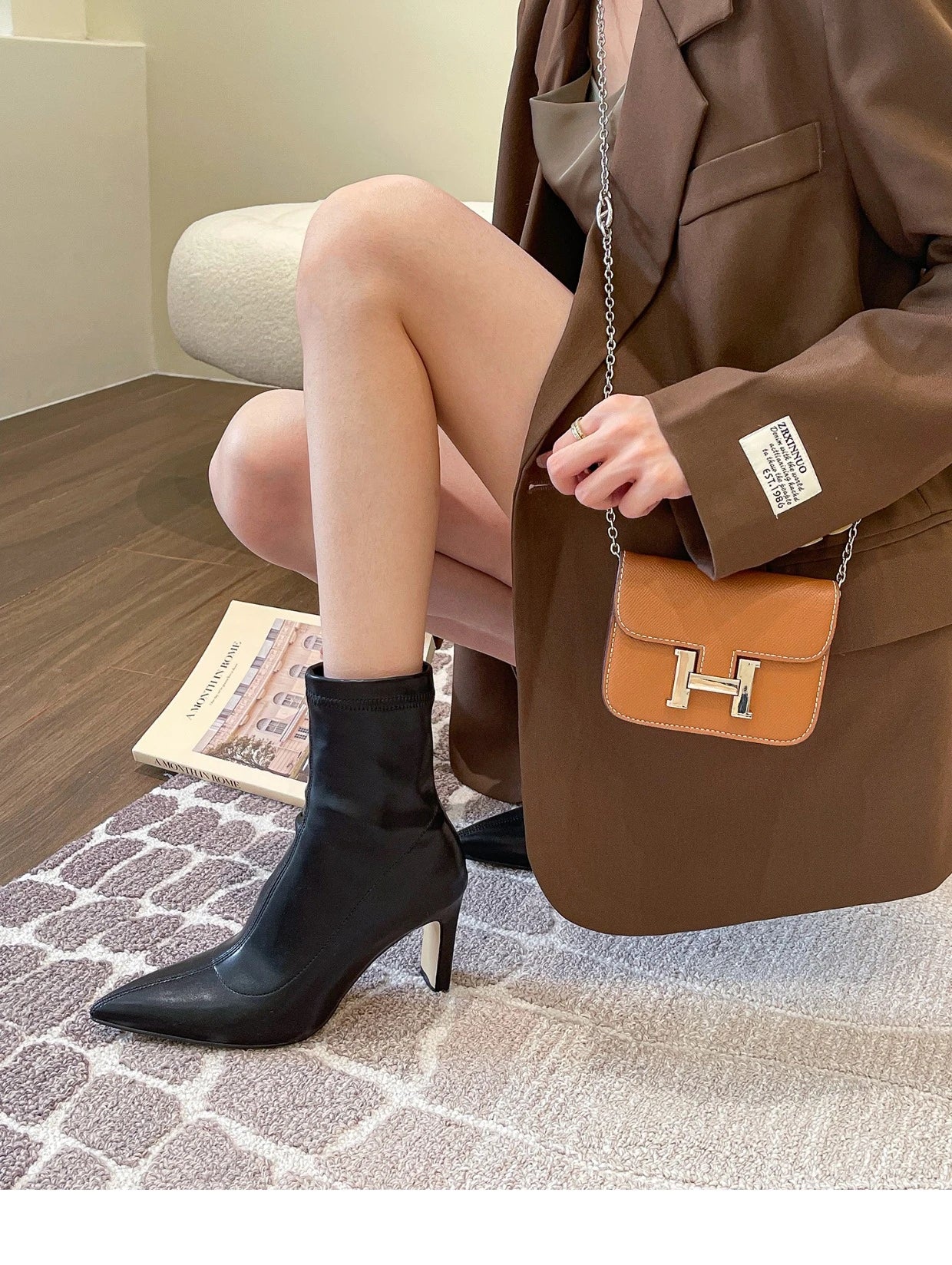 Women Boots Short High Heels Shoes for Women Autumn Winter Botas Mujer Ankle Boots Black Sock Women Heels Boots Female D220