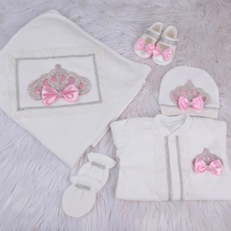 5pcs Newborn Baby Boy Outfits Kids Clothing Real Cotton Infant0 Products Shirt Pants Mittens Receiving Blanket